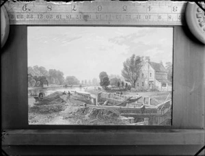 Copy photograph of a print showing a country scene with a lock, people on barges, and a house, by an unknown artist, ruler is underneath image and it was taken during Williams' European trip
