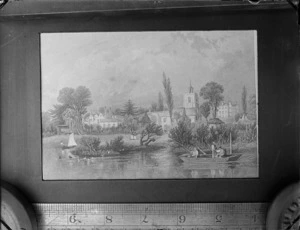 Copy photograph of an [English?] country village scene, with men in boats on a river, by an unknown artist, ruler is underneath image and it was taken during Williams' European trip