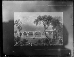 Copy photograph of a print showing river scene, including large stone bridge and people in boats, by unknown artist, taken during Williams' European trip