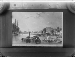 Copy photograph of a print showing river and village scene with people on barges and boats, by [Le Petit sculp?], also showing ruler above image and taken during Williams' European trip