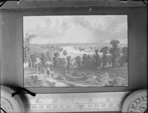 Copy photograph of a print showing an [English?] country scene, by an unknown artist, a ruler is underneath the image and it was taken during Williams' trip to Europe