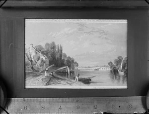 Copy photograph of a print showing [English?] country scene, with men, boats and an arch bridge, by unknown artist, also showing a ruler underneath print and taken during Williams' European trip