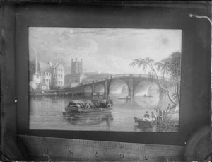 Copy photograph of a print showing town and river scene, including stone buildings, large stone bridge and people on barges, by unidentified artist, also showing ruler underneath image and taken during Williams' European trip