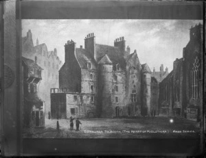 Copy of a photograph by W B & Sons of a painting of Edinburgh Tolbooth (The Heart of Midlothian) in the Knox Series, of an Edinburgh High Street scene, Scotland, taken during Williams' European trip