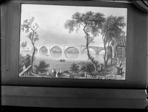 Copy photograph of a print showing a river scene including a large stone bridge and people in boats, by an unidentified artist, taken during Williams' European trip