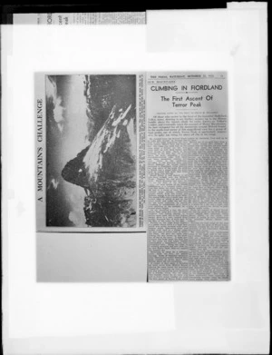 Copy photograph of the article 'Climbing in Fiordland, First Ascent of Terror Peak'in 1954 by Edgar Williams for the Christchurch 'The Press' newspaper 22nd October 1955