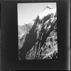 Copy photograph of the [Llawrenny Peaks with Terror Peak on the first ascent in 1954?], Fiordland National Park, Southland Region