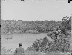 [Edgar or Owen Williams] looking over an unknown lake or river surrounded by forest, Catlins District, South Otago Region