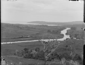 View of the [Okawa?] stream running passed farms and the settlement of [Pounawea?] into [Surat Bay?] surrounded by forest, Catlins District, South Otato Region
