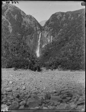 The Devils Punchbowl Falls from the banks of the Bealy River, Selwyn District, Canterbury Region