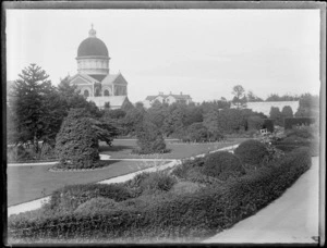 View of Otepuni Gardens with Saint Mary's Basilica on Tyne Street behind, Invercargill City, Southland Region