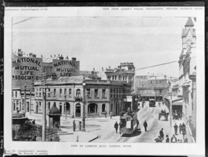 Wellington City Corporation Tramways, tram and view of Lambton Quay, looking south