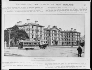 Wellington City Corporation tram with horses and The Government Buildings