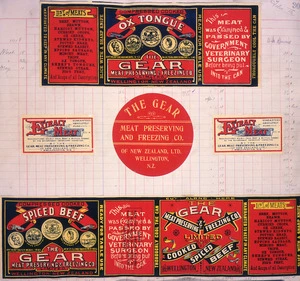 Gear Meat Company :[Five labels for Ox tongue; Extract of meat; The Gear Meat Company; and; Compressed cooked spiced beef]. Gear Meat Preserving & Freezing Company of New Zealand, Wellington New Zealand. [1890-1920].