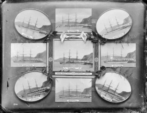 Montage with decorative grasses surrounding photographs of sailing ships owned by Shaw, Savill & Albion, photographed in Port Chalmers harbour.