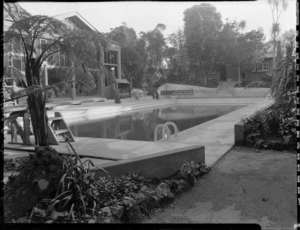 Outdoor pool, home and grounds, probably of Mr B Sutherland, Homewood, Karori, Wellington