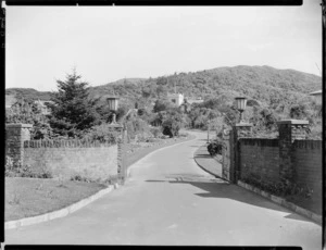 Main entrance and garden of home, probably of Mr B Sutherland, Homewood, Karori, Wellington