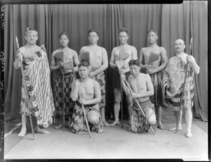 Unidentified group of men in Maori clothing, may include wrestler Mr Kara Pasha