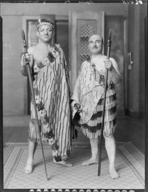 Possibly wrestler Mr Kara Pasha and companion in Maori clothing