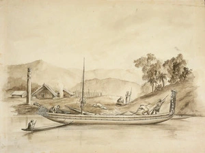 [Downes, Thomas William] 1868-1938 :Canoe with two topsides on Whanganui River [1840s. 1914?]