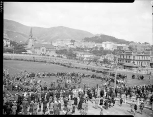 Scouts and Guides welcome Lord and Lady Baden Powell, Basin Reserve,Wellington