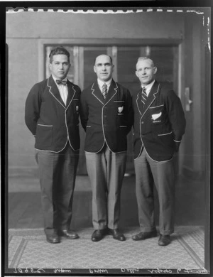 Messers G Nepia, W C Dalley and C G Porter (captain) of the 1924 All Blacks national representative rugby union team