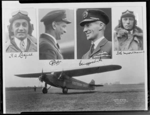 Monoplane, Southern Cross, which made the first non-stop Trans-Tasman flight and its crew, from left to right, H A Litchfield, Charles P Ulm, Charles Kingsford Smith and T H McWilliams