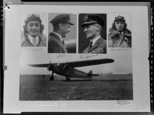 Monoplane, Southern Cross, which made the first non-stop Trans-Tasman flight, and the crew, from left to right, H A Litchfield, Charles P Ulm, Charles Kingsford Smith and T H McWilliams