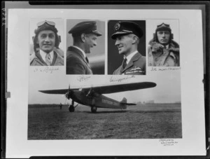 Monoplane, Southern Cross, which made the first non-stop Trans-Tasman flight, and navigator, H R Lichfield, pilots, Charles P Ulm and Charles Kingsford Smith, radio operator, T H McWilliams