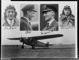 Monoplane, Southern Cross, which made the first non-stop Trans-Tasman flight, and the crew, H A Litchfield, Charles P Ulm, Charles Kingsford Smith and T H McWilliams