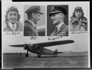 Monoplane, Southern Cross, which made the first non-stop Trans-Tasman flight and the crew, from left to right, H A Litchfield, Charles P Ulm, Charles Kingsford Smith and T H McWilliams