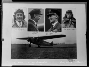 Monoplane, Southern Cross, which made the first non-stop Trans-Tasman flight, and the crew, from left to right, H A Litchfield, Charles P Ulm, Charles Kingsford Smith and T H McWilliams
