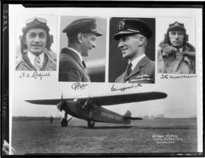 Monoplane, Southern Cross, which made the first non-stop Trans-Tasman flight, and navigator, H A Litchfield, pilots, Charles P Ulm and Charles Kingsford Smith, and radio operator, T H McWilliams