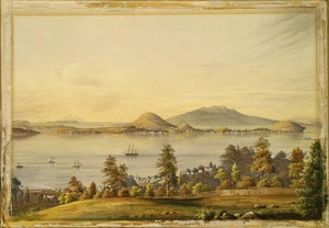 Sharpe, Alfred 1836-1908 :[Devonport and the Waitemata Harbour from the Domain] 1877