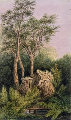 Gold, Charles Emilius 1809-1871 :[Ruined raupo whare by a stream in New Zealand bush, Wellington region, between 1848 and 1860]