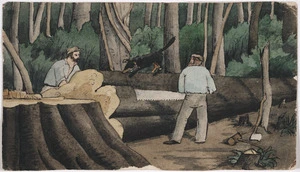 [Cooper, Alfred John] 1831-1869 :Bushwork. Crosscutting timber in Lavin's Bush for rails [ca 1860?]