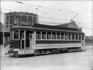 Brill tram, outside Tram depot, Moorhouse Avenue, in Christchurch