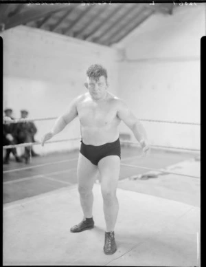 Wrestler, George Walker, at Koolman's Gym, Wellington