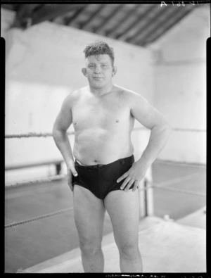 Wrestler, George Walker, at Koolman's Gym, Wellington