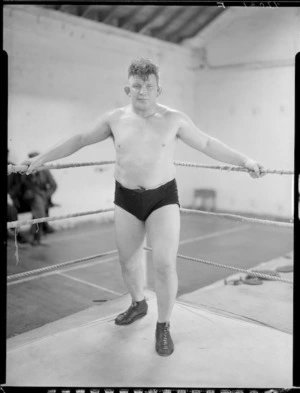 Wrestler, George Walker, at Koolman's Gym, Wellington