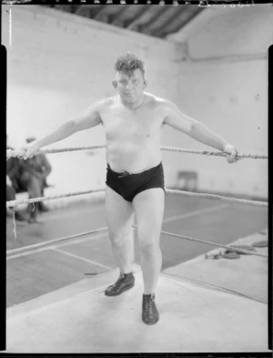 Wrestler, George Walker, at Koolman's Gym, Wellington