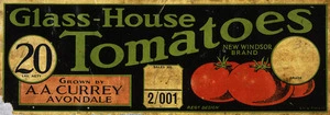 Glass-house tomatoes; New Windsor brand, grown by A. A. Currey, Avondale. 20 lbs. nett. Unity Press Ltd. [1930-50].