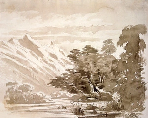 Hodgkins, William Mathew, 1833-1898 :A bit by John Gully [Beech forest & mountains. 1880s?]
