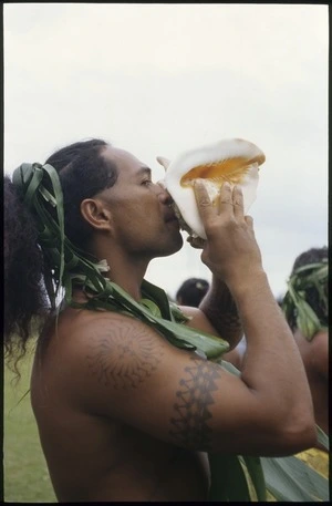 Blowing the conch at the closing ceremony at the 7th Festival of Pacific Arts, Apia, Samoa