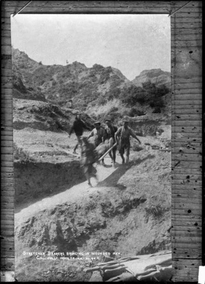 Stretcher bearers bringing in wounded men at Gallipoli, Turkey, during World War I - Photograph taken by J M