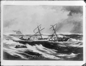 Wreck of the "Patrician". Crew rescued by SS Fifeshire, August 28, 1896. Photograph from a painting by an unidentified artist.