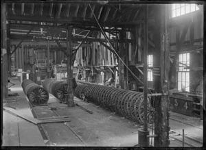 Wheels for ammunition wagons, in one of the Petone Railway Workshops.
