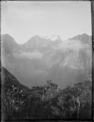 Scenic view of mountains taken during Edgar Williams and Jack Murrell's climbing expedition, Fiordland National Park, South Island
