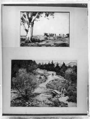 Two landscape paintings, one on top shows cattle and a tree, painting by Cedric Savage, bottom painting of a bridge over a river, including two people walking on a path, painting by [M Stoddard?]
