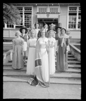 Britannia's Daughters, unidentified Matamata Intermediate and Secondary School pupils in national costumes from Commonwealth countries, Waikato Region